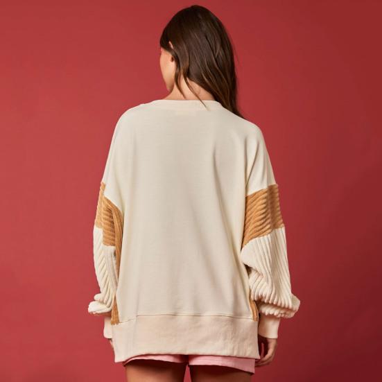 Women Christmas Sweatshirt Sequin Cartoon Pattern Slit Hem Colorblock Round Neck Long Sleeve Loose Mid Length Pullover Party Holiday Top