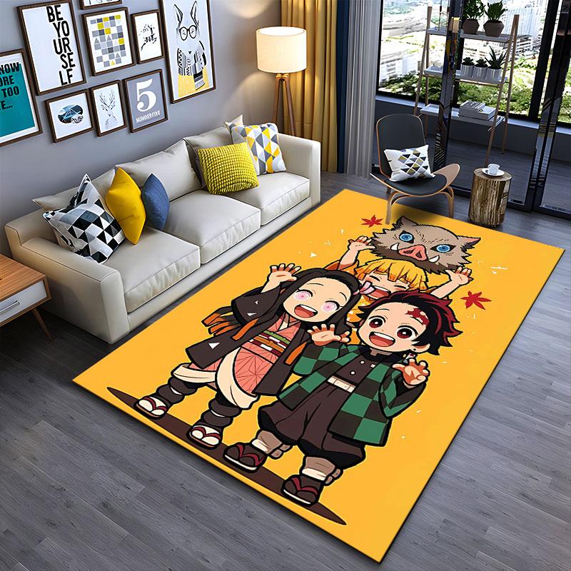 Cute Anime Characters on Yellow suitable as a non-slip mat for the living room or bedroom sofa