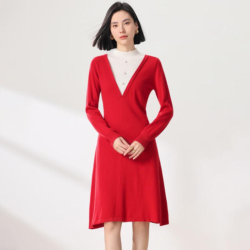 Sanpowa 100% Merino Wool Half-High Collar A-Line Dress