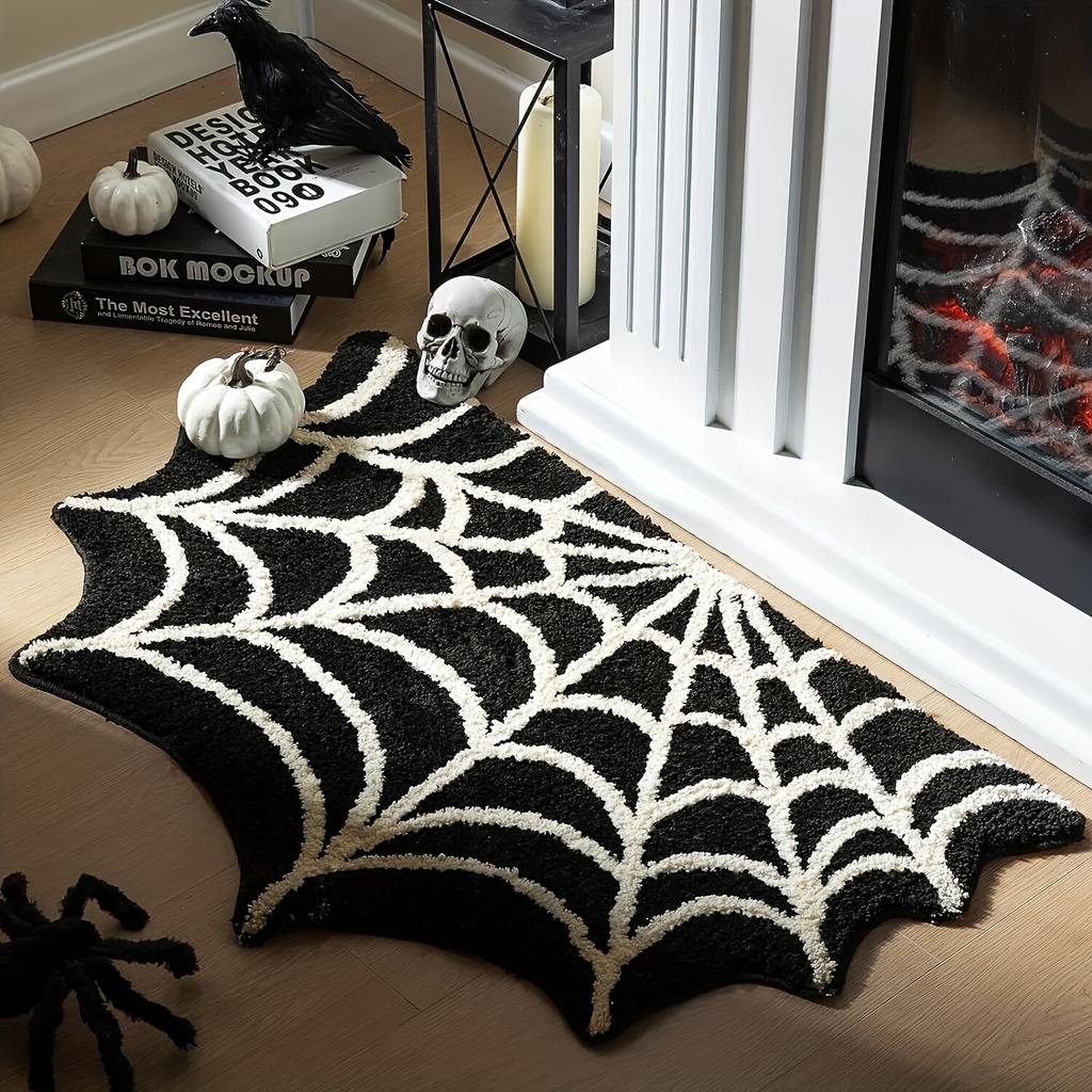Halloween Spider Web Doormat - Non-Slip, Machine Washable, Polyester Fiber, Gothic Plush Area Rug for Bathroom
