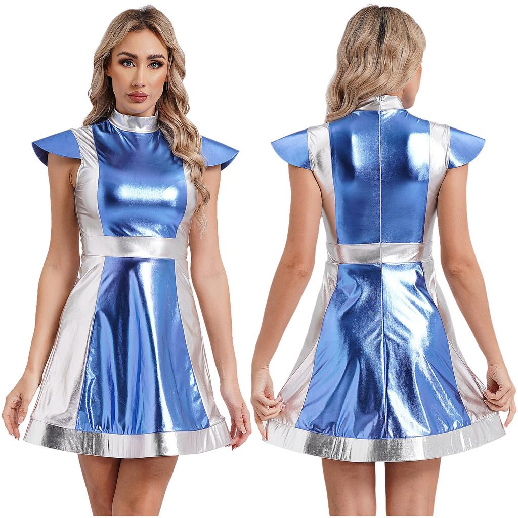 Women's Space Fighter Costume Alien Dress-Up, Metallic Shiny Contrast Dress with Mock Neck & Cap Sleeves for Halloween Cosplay