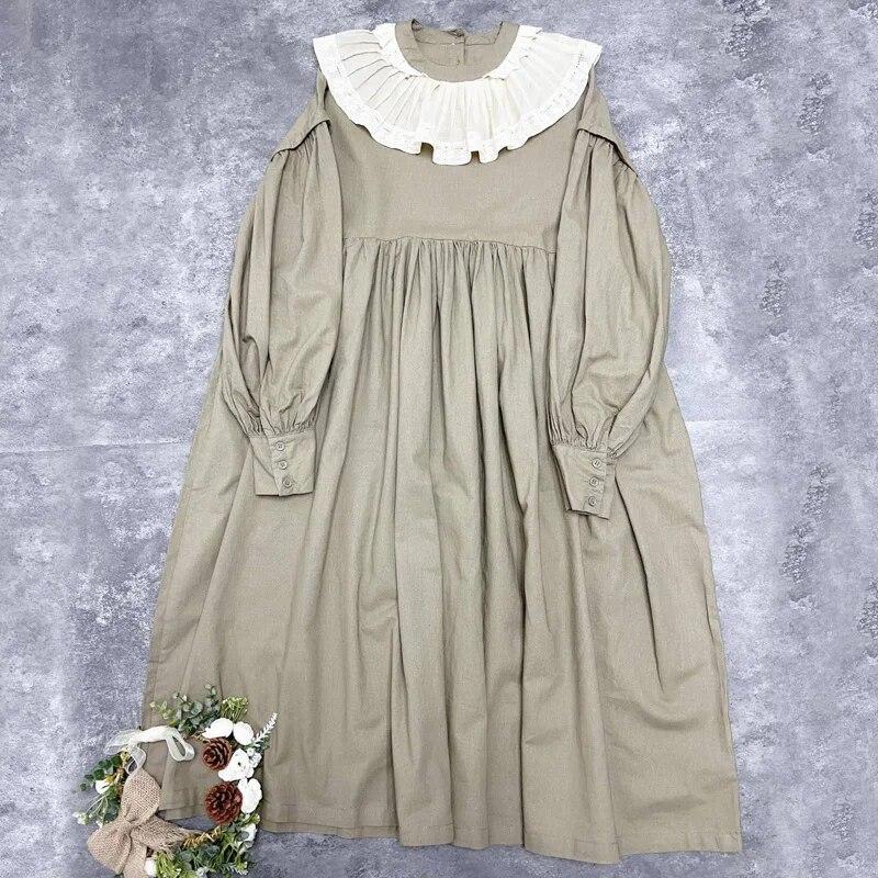 Johnature Японское женское хлопковое платье Mori с рюшами и воротником, винтажное повседневное свободное платье с длинными рукавами и простыми карманами, весеннее платье