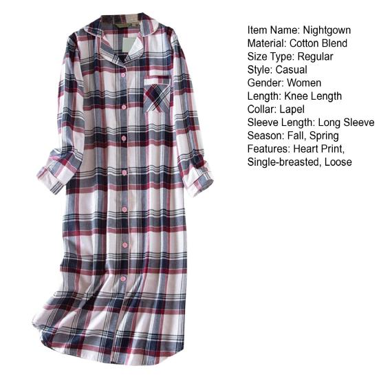 Lady Nightgown Heart Plaid Printing Turn-down Collar Single-breasted Knee Length with Chest Pocket Loose Nightdress Autumn Homewear Spring Sleepwear