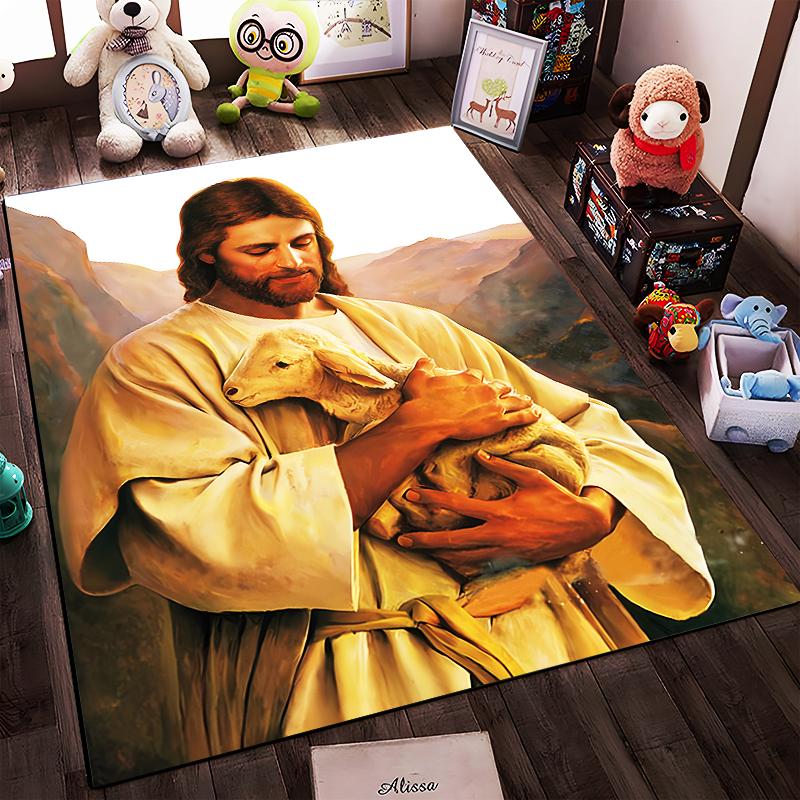 Gentle shepherd with lamb motif rug Non-slip rug suitable for living room and bedroom sofas.