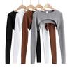 Women Crop Top Waist-exposed Short Round Neck Solid Color Pullover Long Sleeve Soft Elastic Knitted T-shirt Matching Cover-up Top