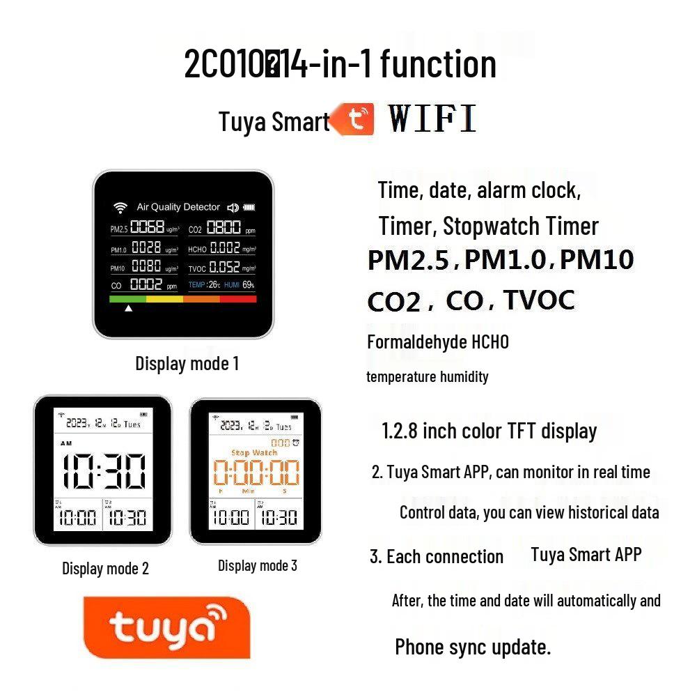 2Co10 14-in-1 Smart Air Detector with App & WiFi - Monitors CO2, CO, PM2.5, Formaldehyde, TVOC