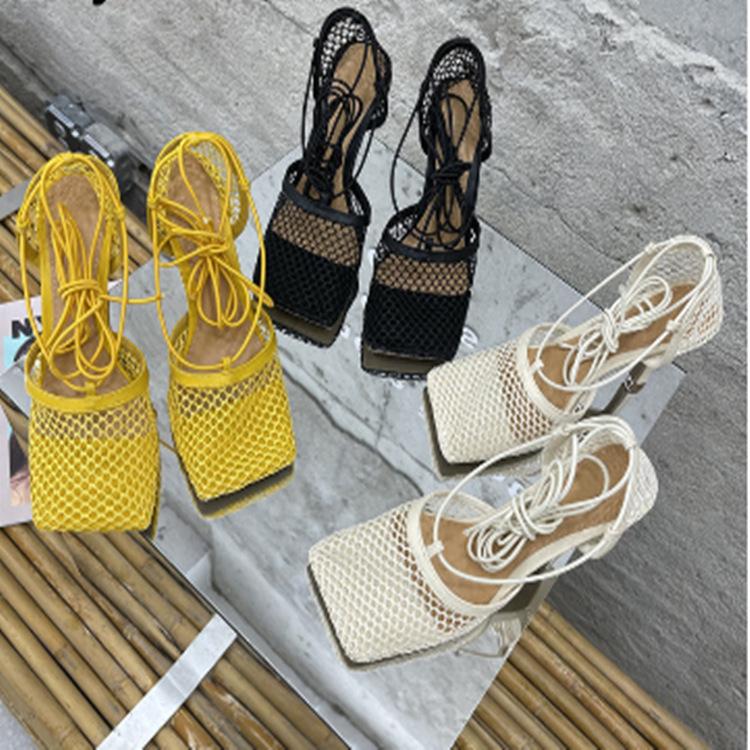 Women High Heels Mesh Sandals Pumps 2025 Summer Sexy Strappy Hollow Roman Shoes New Open Toe Sandals Size 35-43 Sandalias Mujer