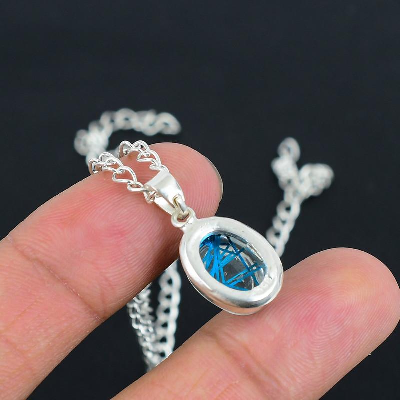 Синий рутил 10x14 Подвеска на цепочке с замком S Ручной работы Тонко полированная подвеска из стерлингового серебра 925 пробы с современным дизайном Подарок на свадьбу для невесты