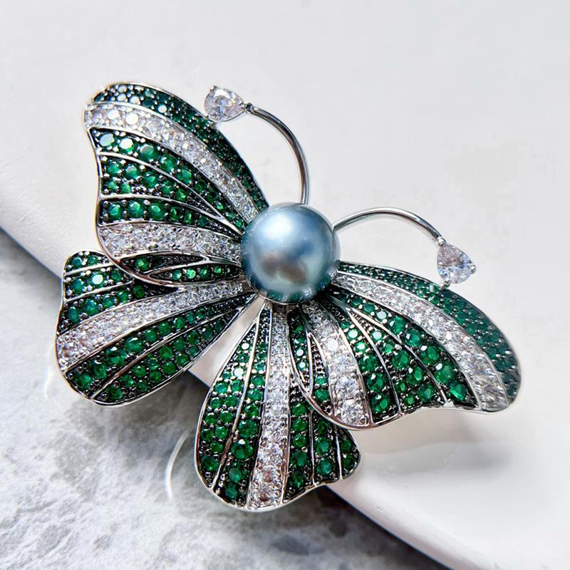 Luxury Gold-Plated Green Butterfly Brooch for Women - Pearl, Zircon Pin, Micro-Paved Design