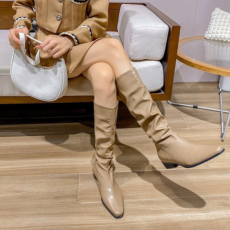 New Women Boots Zipper Thick Mid Heels Simple Solid Pleated Leather Autumn Winter Boots Knee High Botas Plus Size 34-42