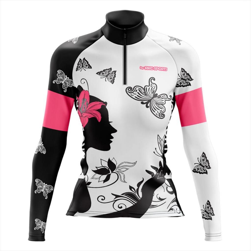 Women's Cycling Jersey RKC Sports Long Sleeve UV Protection Polyester Butterfly Print