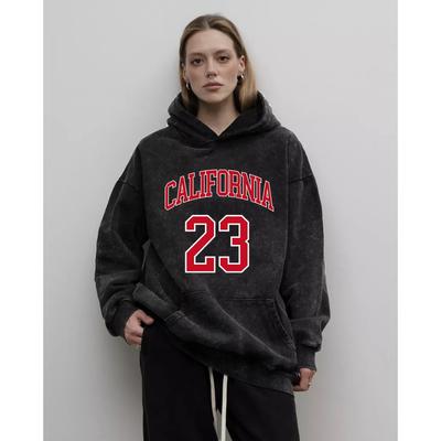 Арт Надпись Калифорния 23 Принта Женские Выстиранные Худи Хлопок Оверсайз Уличная Одежда Худи Y2K Хип-Хоп Толстовка