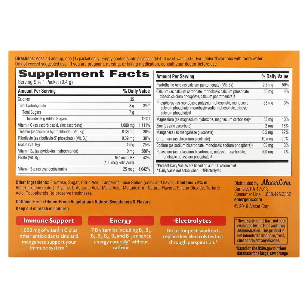Emergen-C, Витамин C, ароматизированная шипучая смесь для напитка, вкус мандарина, 1000 мг, 30 пакетиков, 9,4 г (0,33 унции) каждый