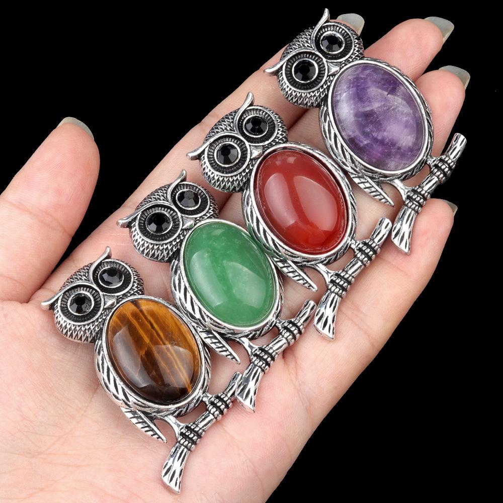 Alloy Inlaid Natural Crystal Agate Owl Necklace, Semi-Precious Stone Animal Pendant for Women