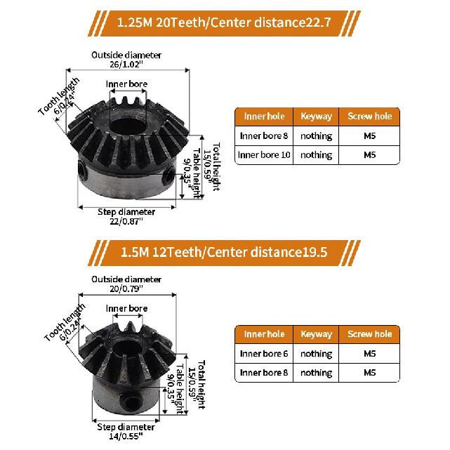 1.5M18T 1.5M20T Bevel Gear 1.5 Mod 18 Teeth 20 Teeth Hole 6/8/10/14/15/16mm Precision Pinion Transmission 45# Steel 90° Angle