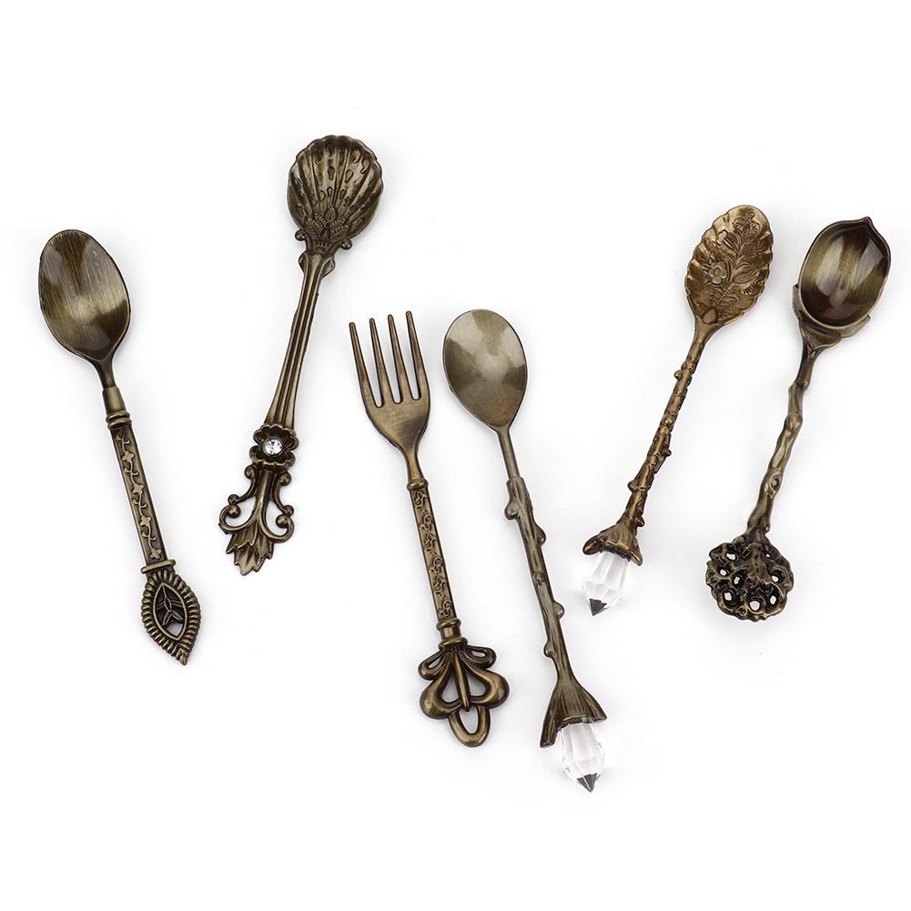 Набор из 6 предметов, инновационный винтажный ретро-набор ложек и вилок из цинкового сплава, столовые приборы, кухонные принадлежности(Зеленая бронза