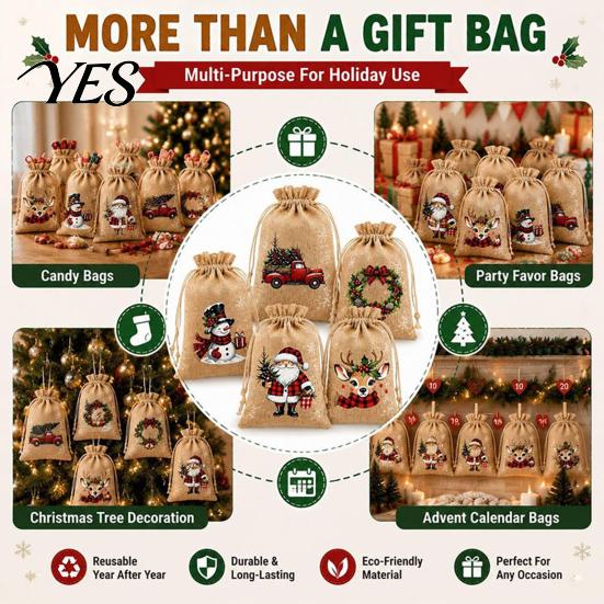 Christmas Party Favor Bags Jute Burlap Gift Bags, Drawstring Treat Candy Mini Advent Calendar Bag, Reusable Linen Packaging Pouch for Holiday