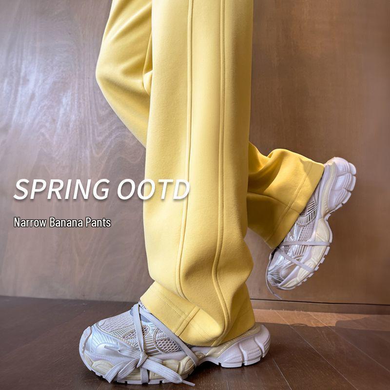 Women's Pear Shape Dopamine Sweatpants - Spring/Autumn, Yellow, Straight and Wide Leg, Solid Color