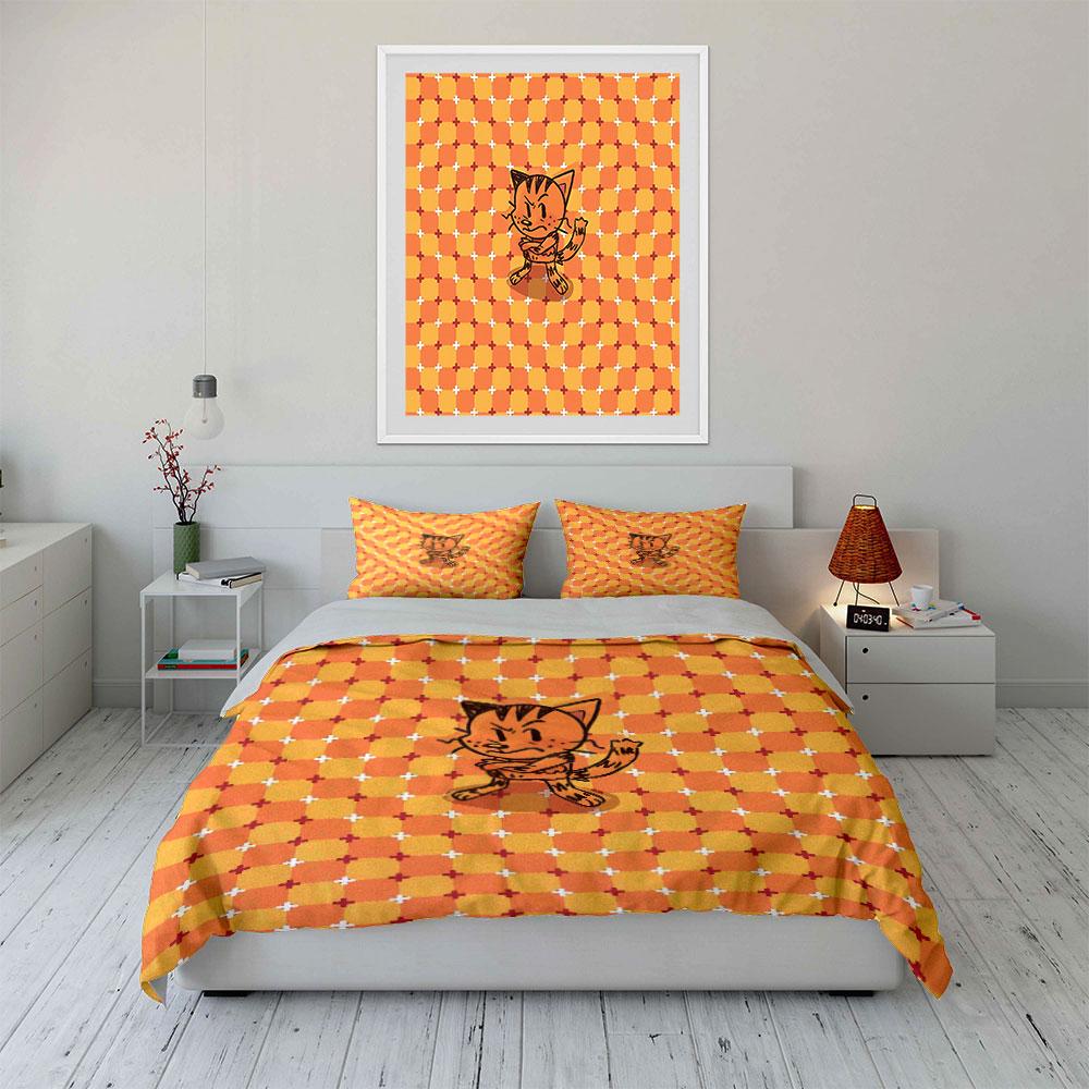 Cartoon Cat Three-Piece Set Decor Bedding Set with 1 Duvet Cover 2 Pillowcases Single Double King Queen, Gift