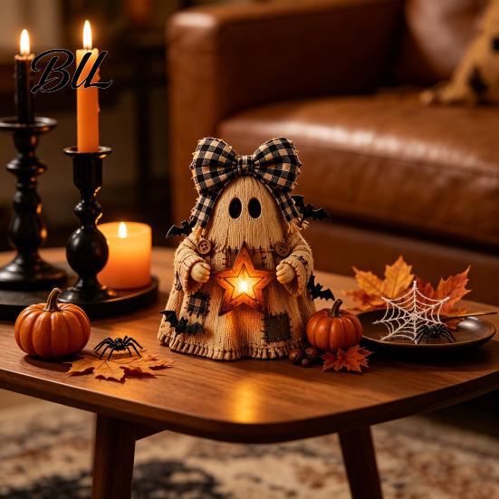 Indoor Festive Home Accents Wooden Halloween Figurine with Lantern, Pumpkin Scarecrow Skeleton Mummy Ghost Witch Artistic Carved Wood Decor
