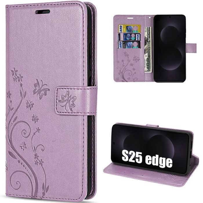 Coque de Protection - BOOLING - pour Samsung Galaxy S25 Edge - Rabat Synthécuir Relief Floral Violet