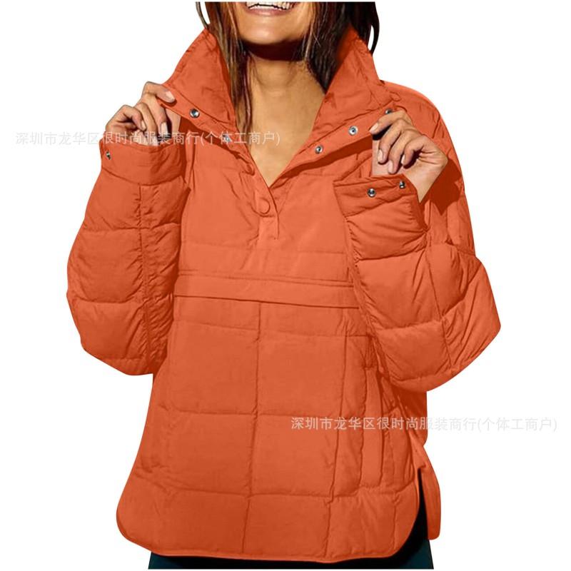 Womens Solid Color Quilted Lightweight Winter Warm Pullover Stand Collar Button Cotton Coat