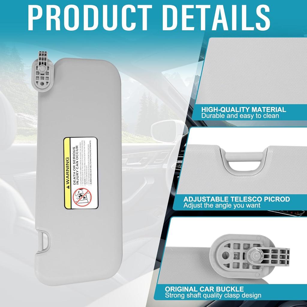 Grey Right Passenger Side Sun Visor With Mirror Compatible With Hyundai Elantra 2016 2017 2018 Replace#85220-F0100TTX