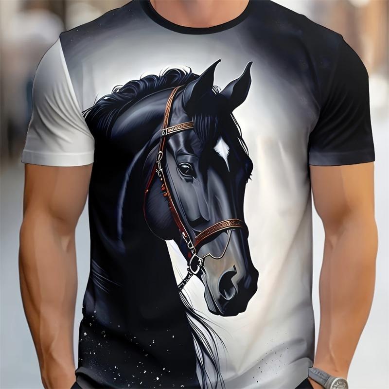 3D Majestic Horse Printing Round Neck Street Fashion T-Shirt Трехмерная печать Horse Мужская креативная футболка с короткими рукавами