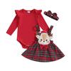 Infant Girl Christmas 3Pcs Outfit Ruffled Long Sleeve Romper A-Line Elk Embroidery Plaid Skirt Bow Headband Set