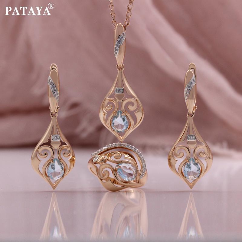 PATAYA Классический цвет розового золота, серьги, кольцо, подвеска, ожерелье, комбинированный набор с искусственным цирконом зеленого и светло-голубого цвета