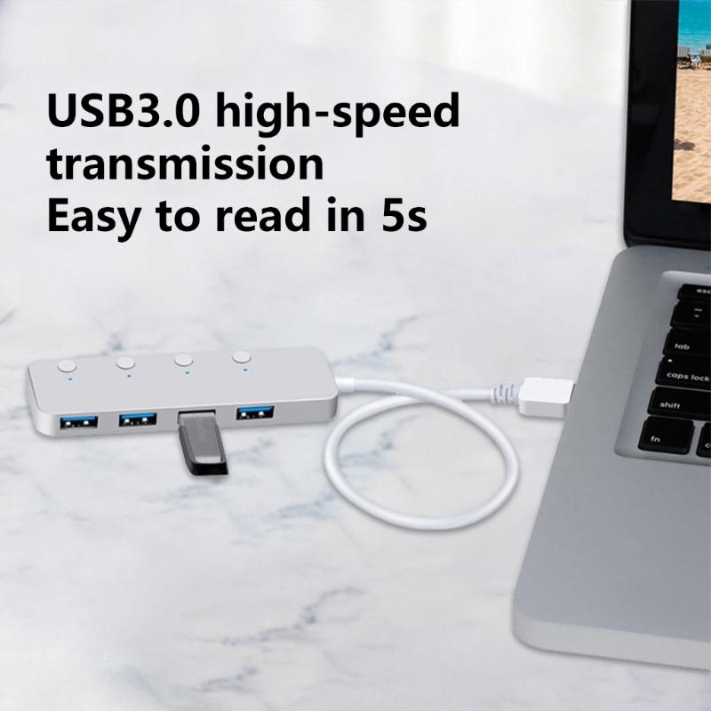 Портативный USB 3.0 4-портовый хаб с индивидуальными переключателями для легкого подключения периферийных устройств, быстрая передача данных, подключи и работай
