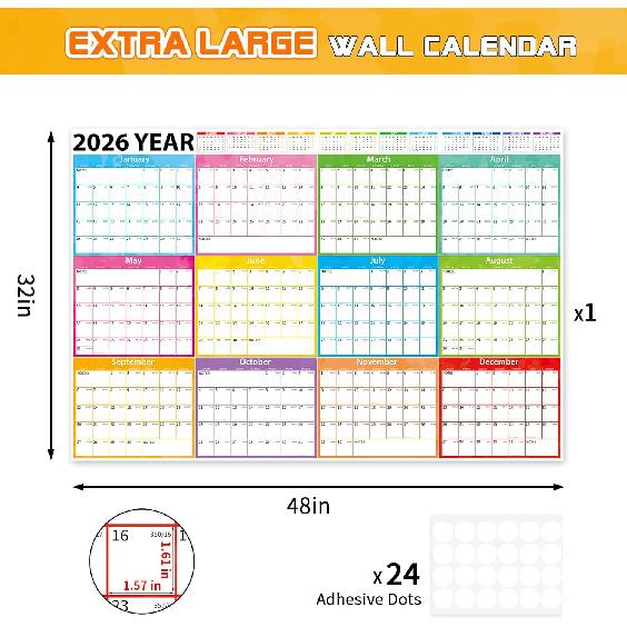 Large 2026-2027 Wall Calendar Dry Erase,MoShining,Yearly Planner 2026-2027,Big Class Calendar,48x32 inch Watercolor Poster Folded,Sturdy Paper Office
