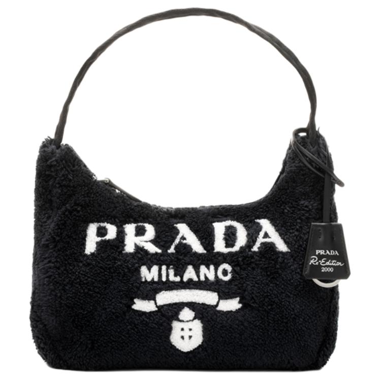 Prada Переиздание Логотип Застежка-молния Махровая ткань Подмышка Мини-сумка-тоут Женские сумки Черный 1NE515_2DXO_F0967