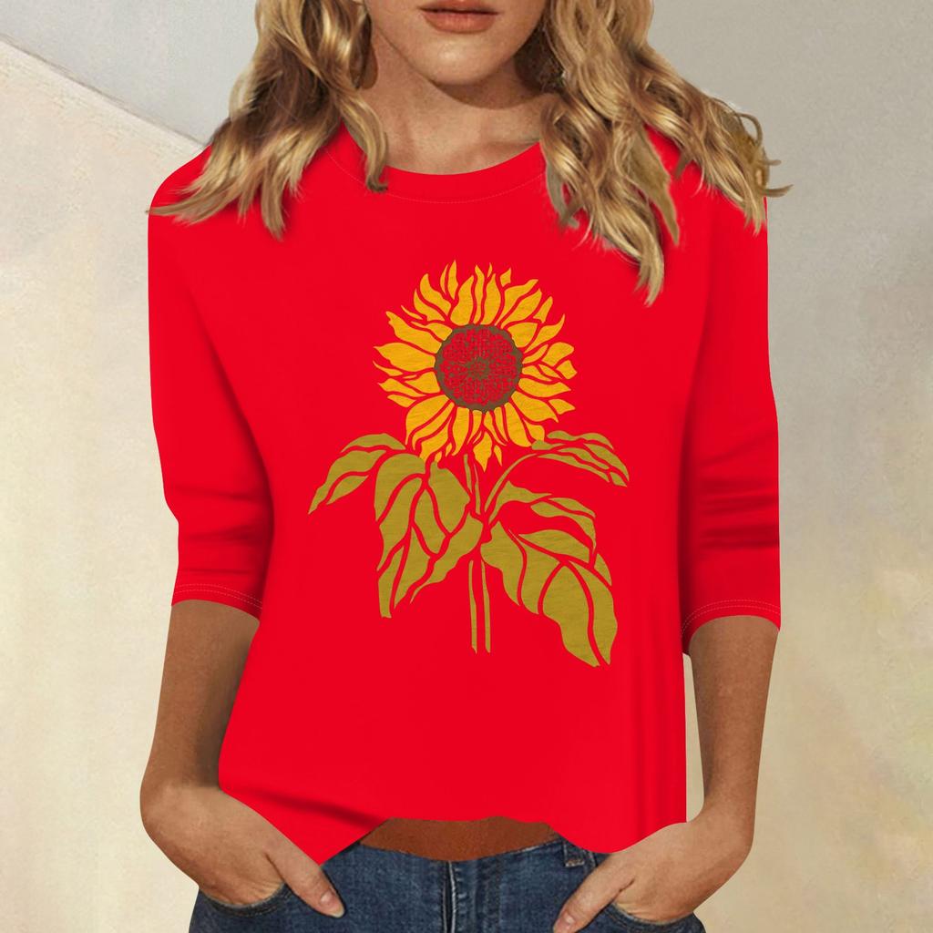 Women's Fashion Casual Printed Seven Sleeve Round Neck Top