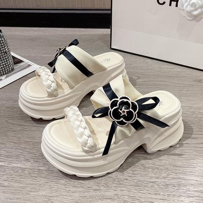 Туфли на каблуке 9 см, женские шлепанцы на массивной подошве с открытым носком, сандалии с плетением и цветами на высокой платформе, женские новые летние шлепанцы на толстой подошве для пляжа