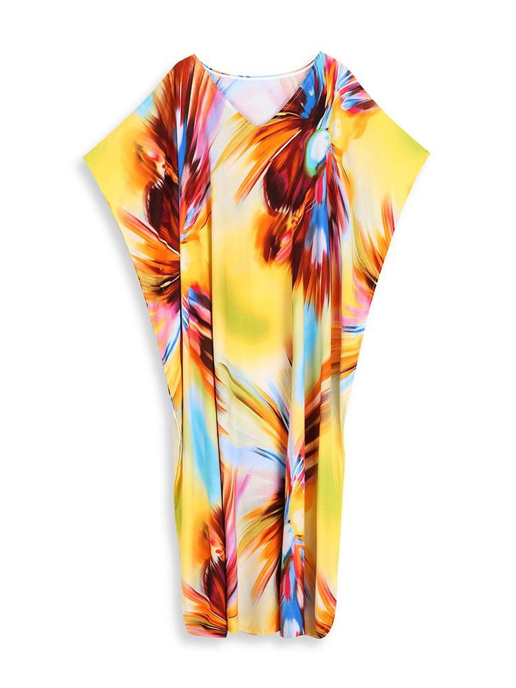 EDOLYNSA Yellow Fashion Kaftan Women's Loose Robe Fresh Dress Breathable Vacation Party Long Dress Swimsuit Cover-up Outfit Q1594