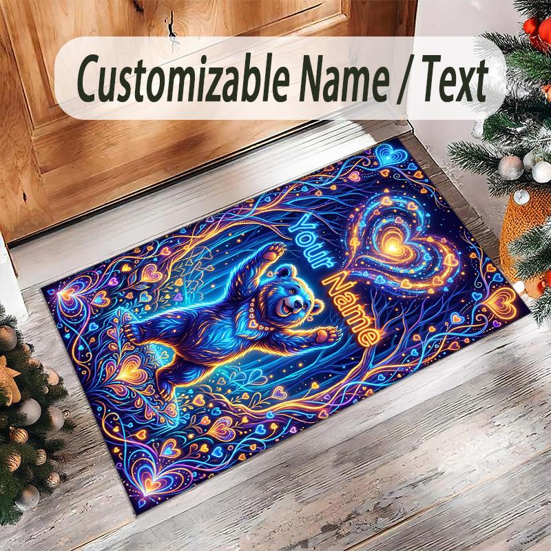 Teddy Bear Theme Crystal Velvet Rug Personalized Custom Name Text Soft Floor Mat Home Decor