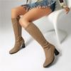 Women Knee High Long Boots Square Toe Thick High Heels Zipper Gogo Boots Ladies Fashion Shoes Autumn Winter Khaki 43