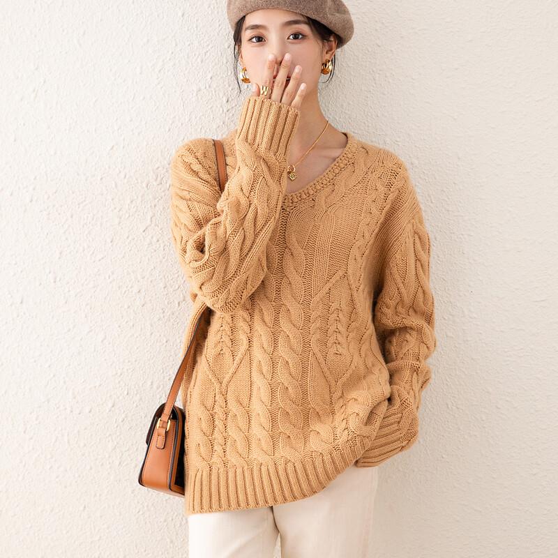 TUHUANG Thick Pure Wool V-Neck Cable Knit Sweater