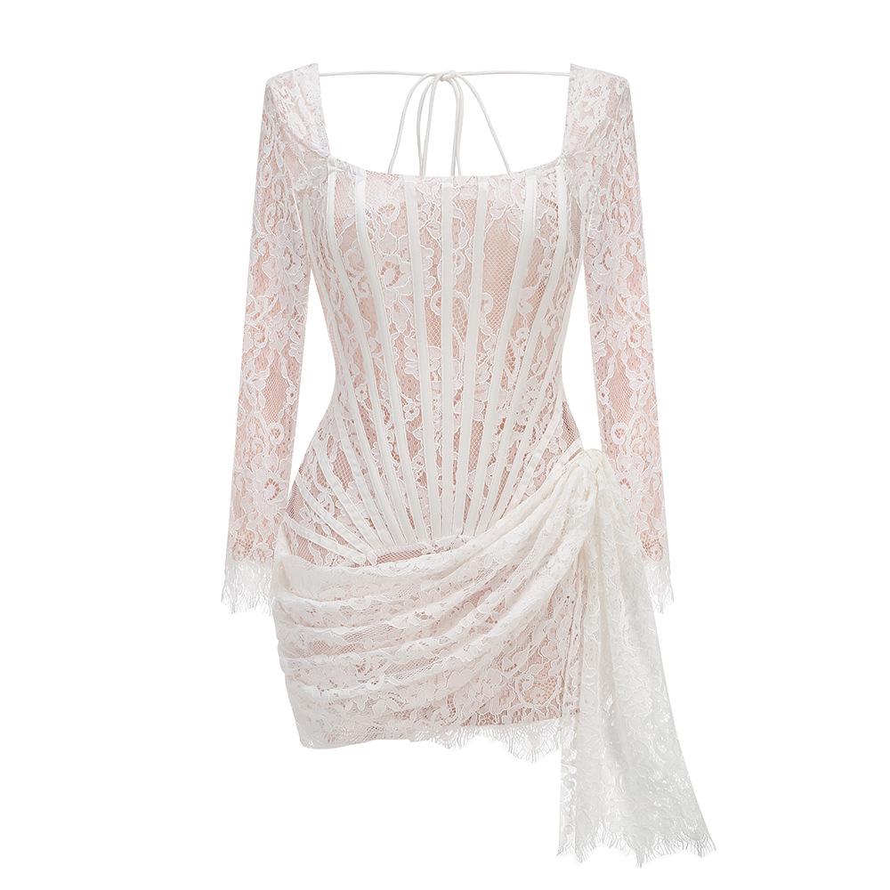 Европейское и американское сексуальное кружевное платье-сетка с корсетом на косточках – с длинными рукавами, осенне-зимняя короткая юбка