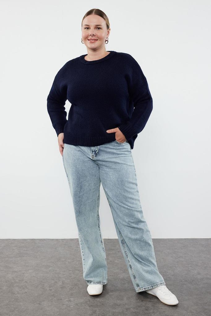 Women's Fashion Stylish Plus Size Sweater Navy Blue Crew Neck Soft Textured Knitwear Sweater