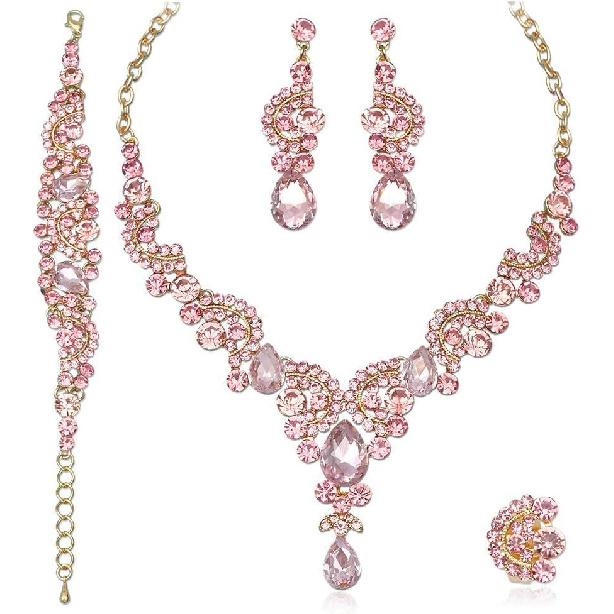 CSY Elegant Costume Jewelry Sets for Wedding Party Prom | 4-Piece Set Bridal Necklace Earrings Bracelet Ring Set Eco-friendly Statement Accessory for
