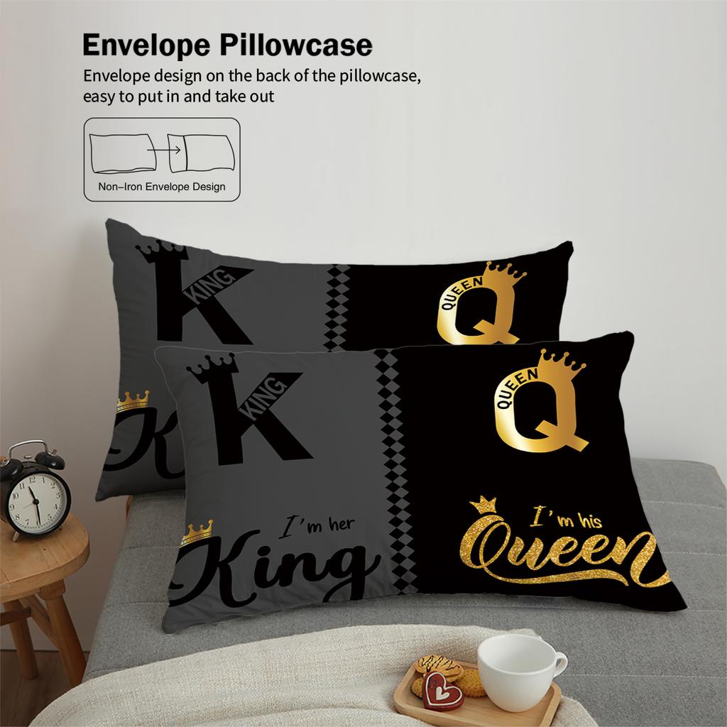 3pcs Fashionable Black Gray K and Q Design Printed Bedding Set, Soft, Comfortable and Breathable Duvet Cover, Bedroom, Hotel