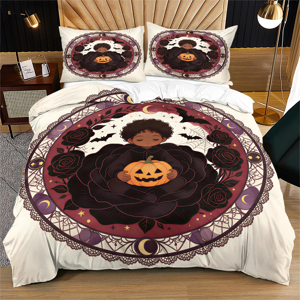 Gothic Halloween Duvet Cover Set Vintage Pumpkin Rose Bat Moon Print Bedding Set Fashion Quilt Cover Set Bedroom Home Decor Gift