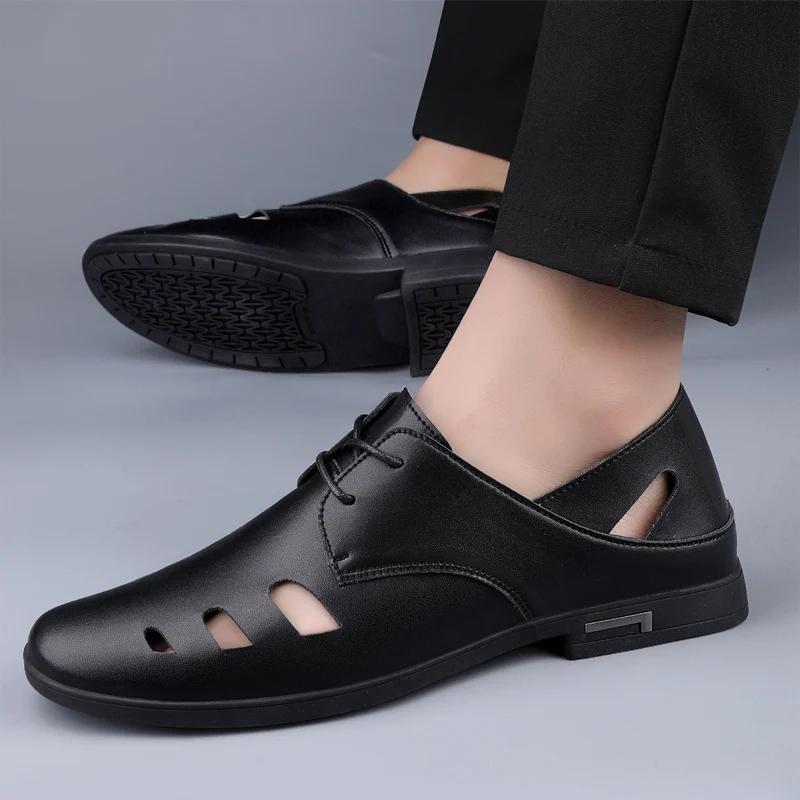 Fashion Summer Breathable Soft Soled Sandals White Hollow Lace Up Oxford Shoes for Men Brand High-quality Pointed Business Leather Shoes
