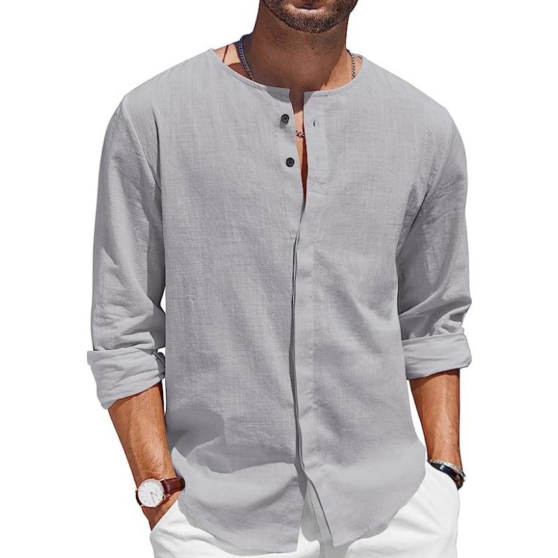 Foreign Trade Men's Cotton and Linen Shirt Long-sleeved T-shirt Button-neck Casual Beach Shirt