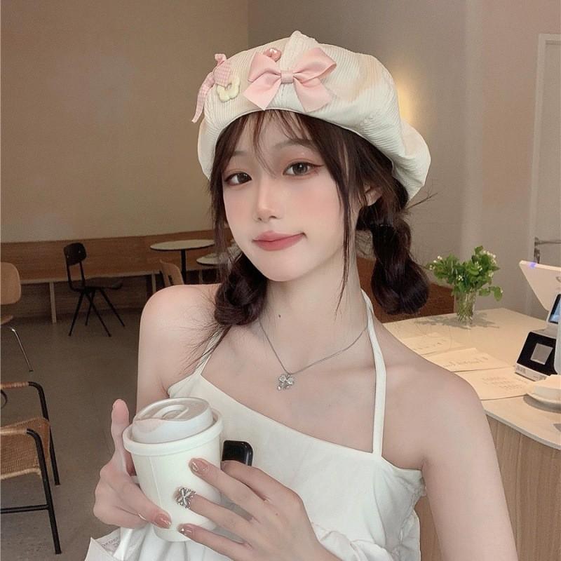Sweet Bow Flower Beret Women Corduroy Painter Hat Cute Girl Cloud