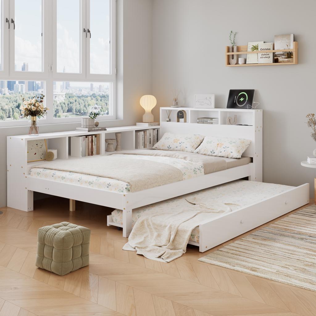 Wooden Bed 120x200 cm with Pull-Out Bed 90x190 cm, White Bed with Side Storage Shelf Mountable Left/Right, Headboard Shelf and Charging Station