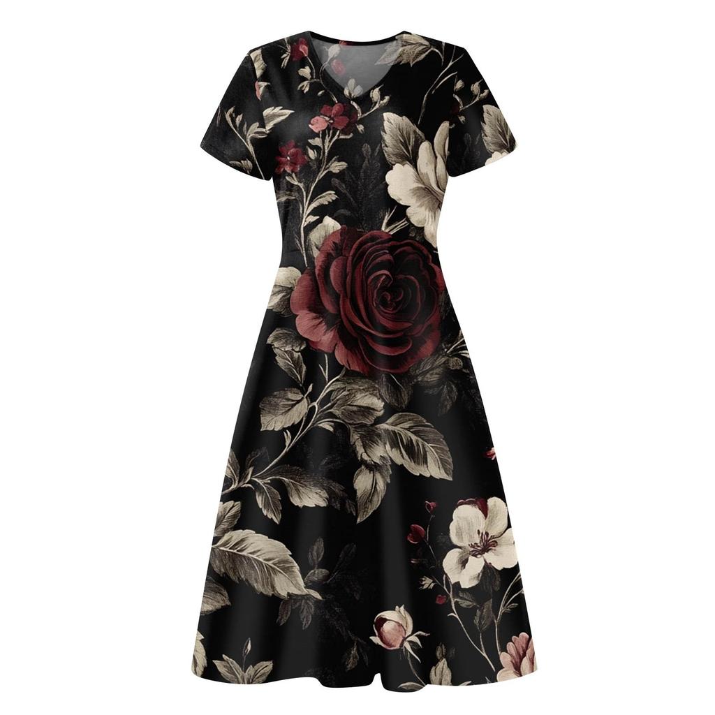 Women's Summer Casual Fashion Print Pocket Short Sleeve V-Neck Swing Dress