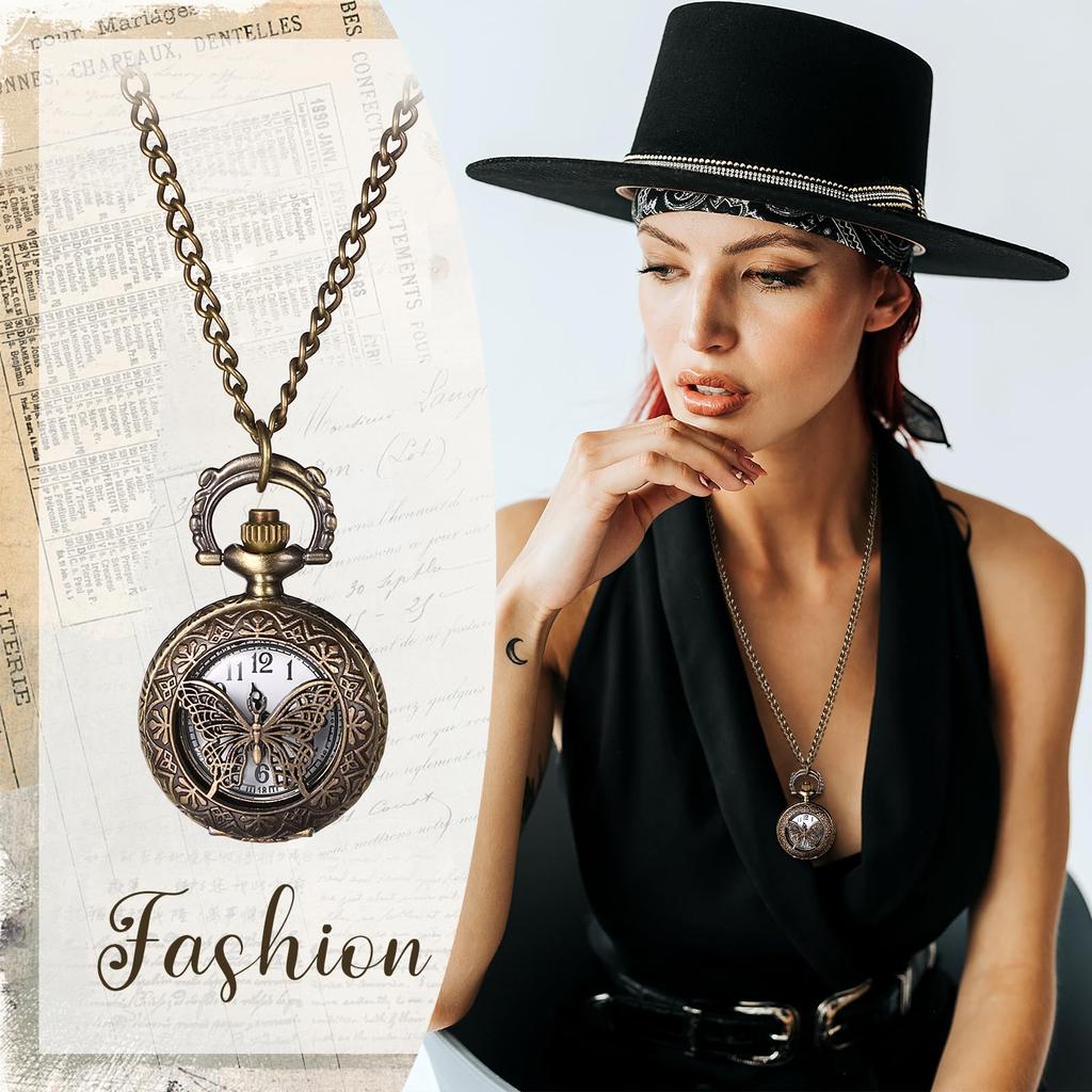 Pocket Watch Butterfly Analog Antique Pocket Watch Pendant Watch Necklace Chain Bronze Birthday Anniversary Christmas Valentine White Day Present